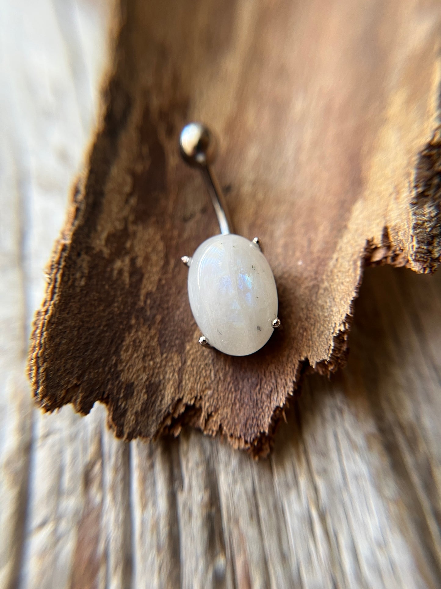 Moonstone Natural Stone Pronged Oval Belly Ring 316L Surgical Steel