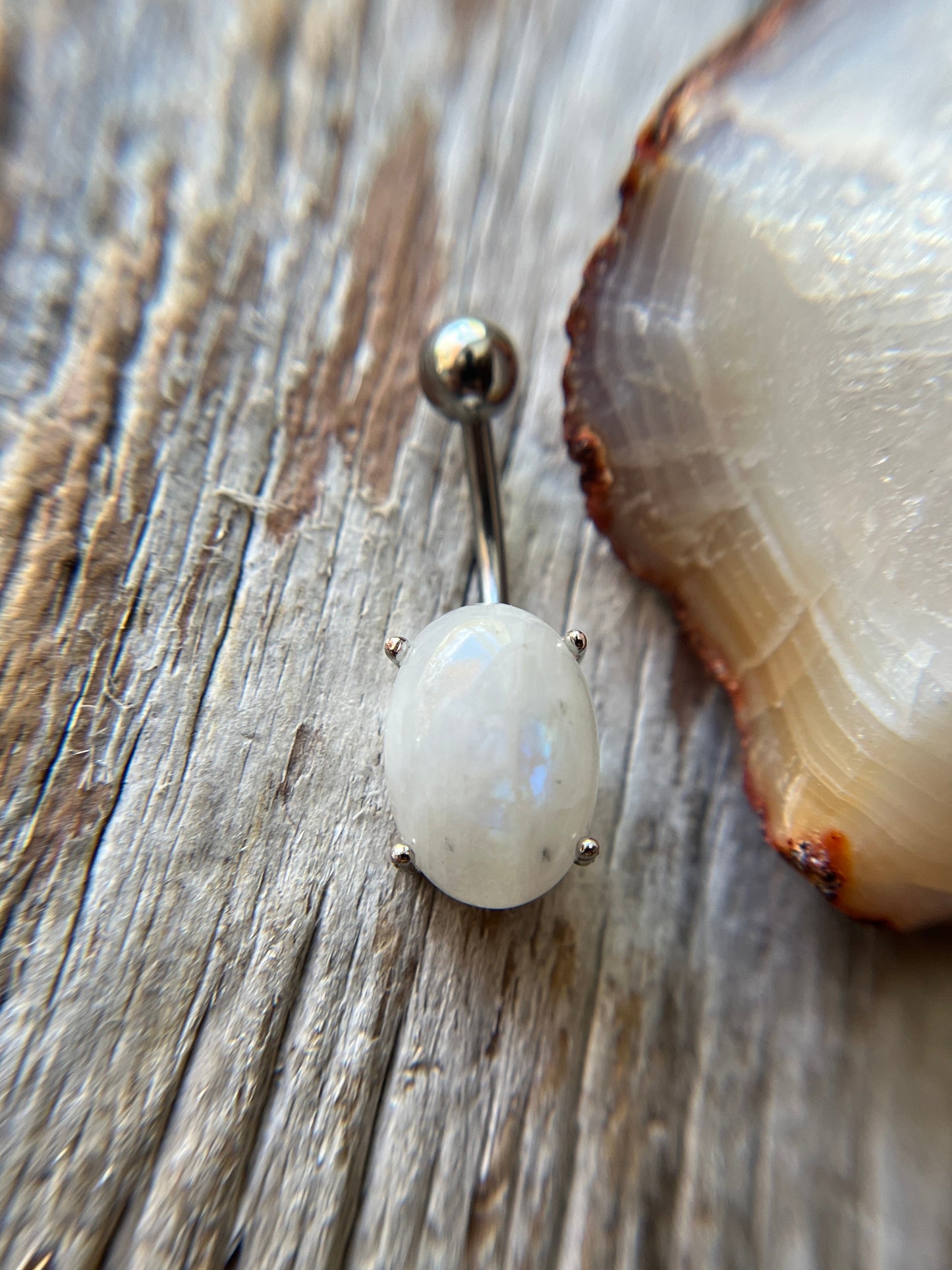 Moonstone Natural Stone Pronged Oval Belly Ring 316L Surgical Steel