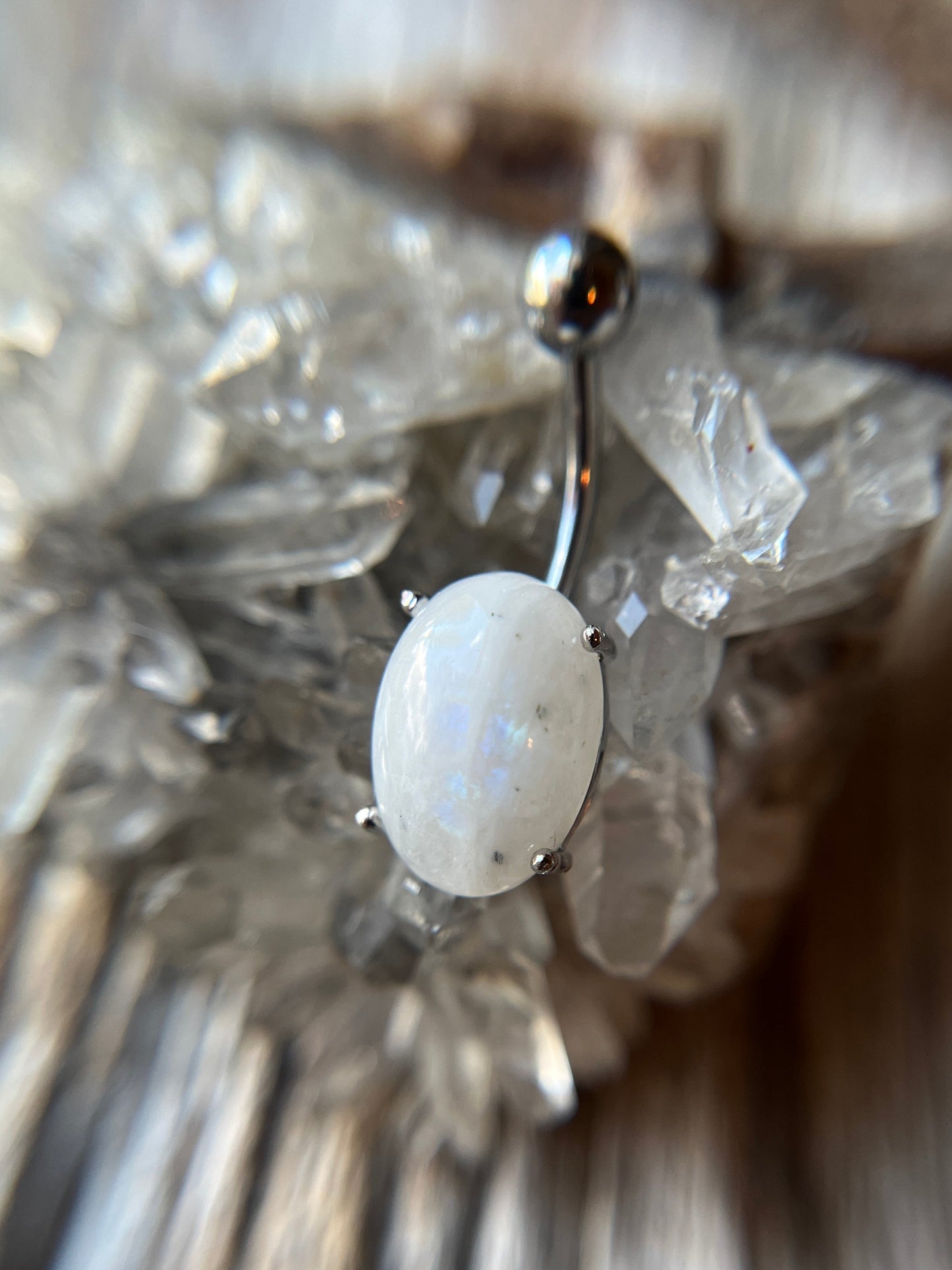 Moonstone Natural Stone Pronged Oval Belly Ring 316L Surgical Steel