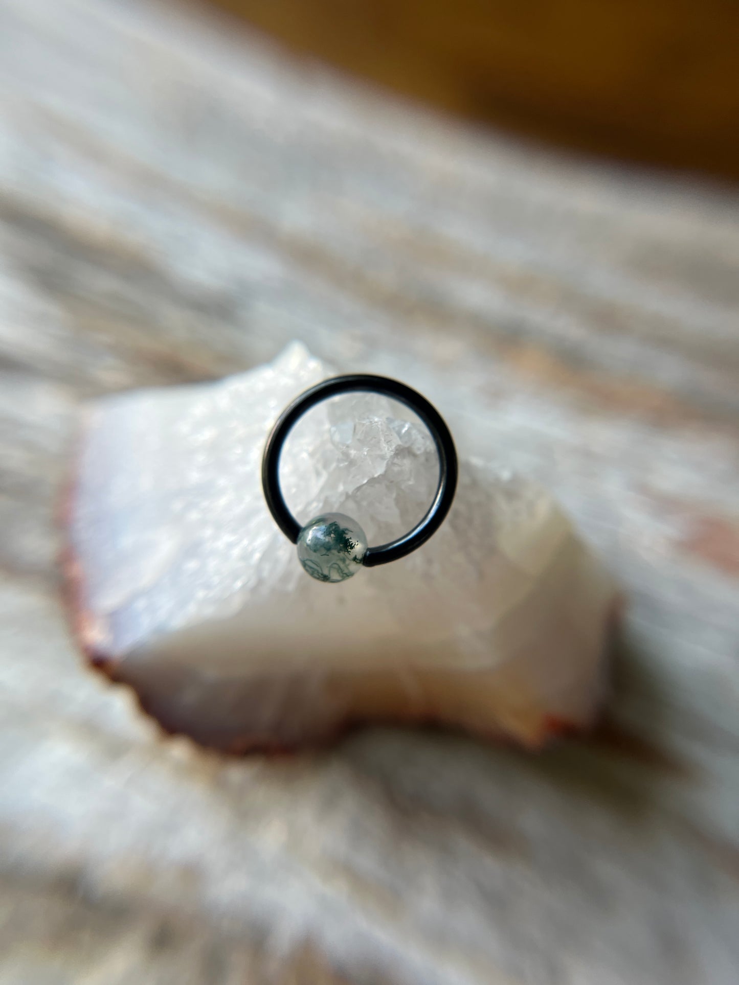 Moss Agate Natural Stone Black Titanium Ion Plated CBR Ring