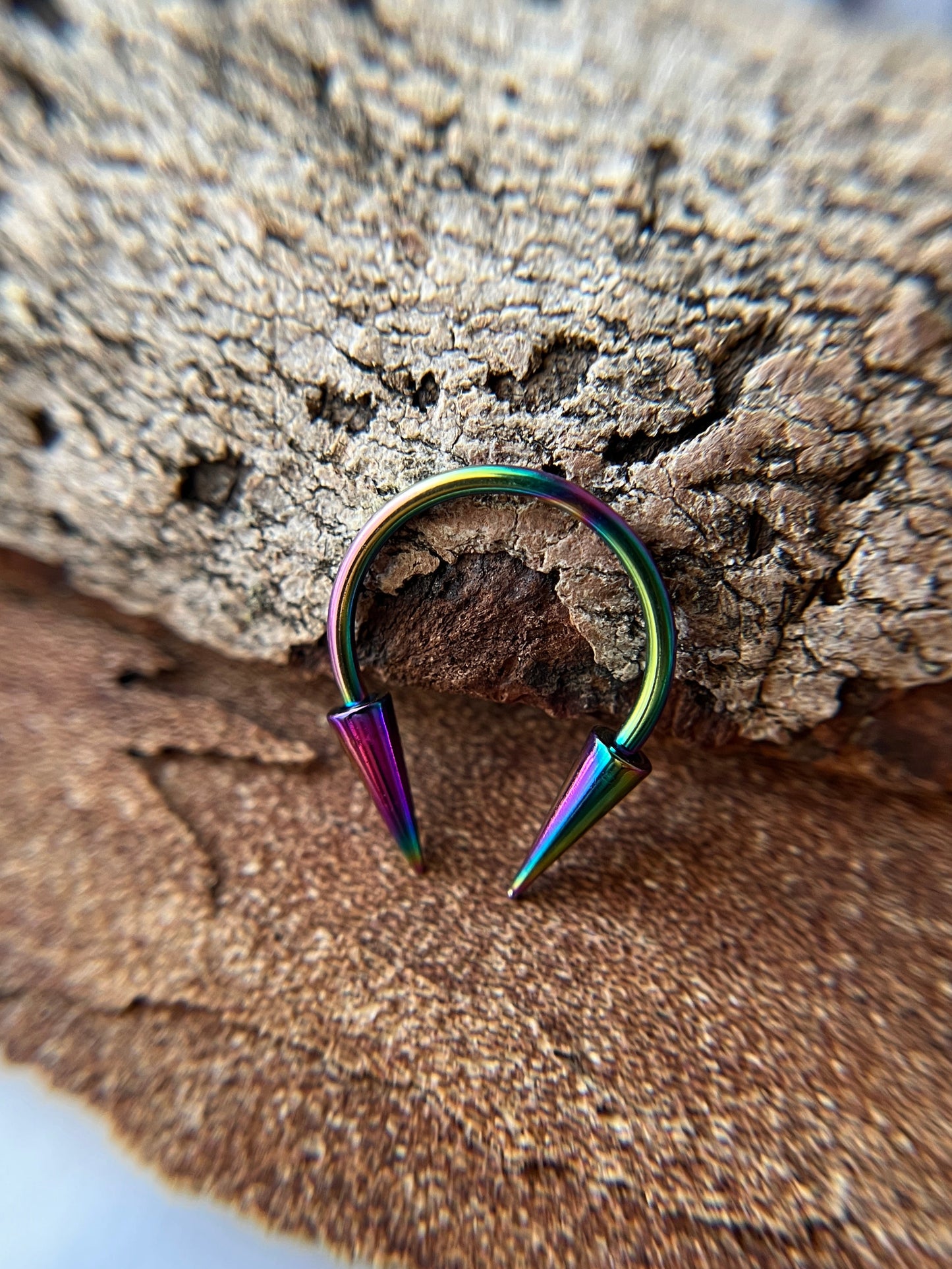 Rainbow Titanium Ion Plated Slender Long Spikes 16G Horseshoe Ring