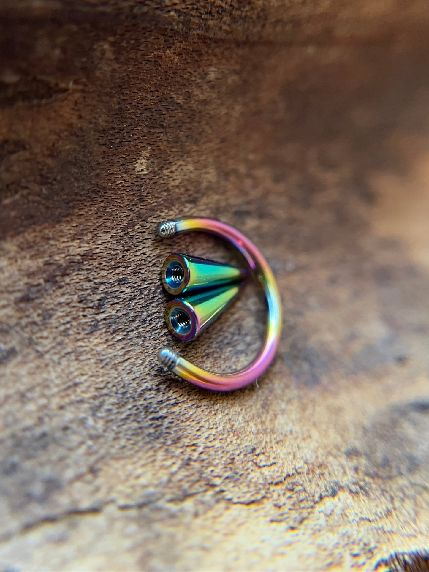 Rainbow Titanium Ion Plated Slender Long Spikes 16G Horseshoe Ring
