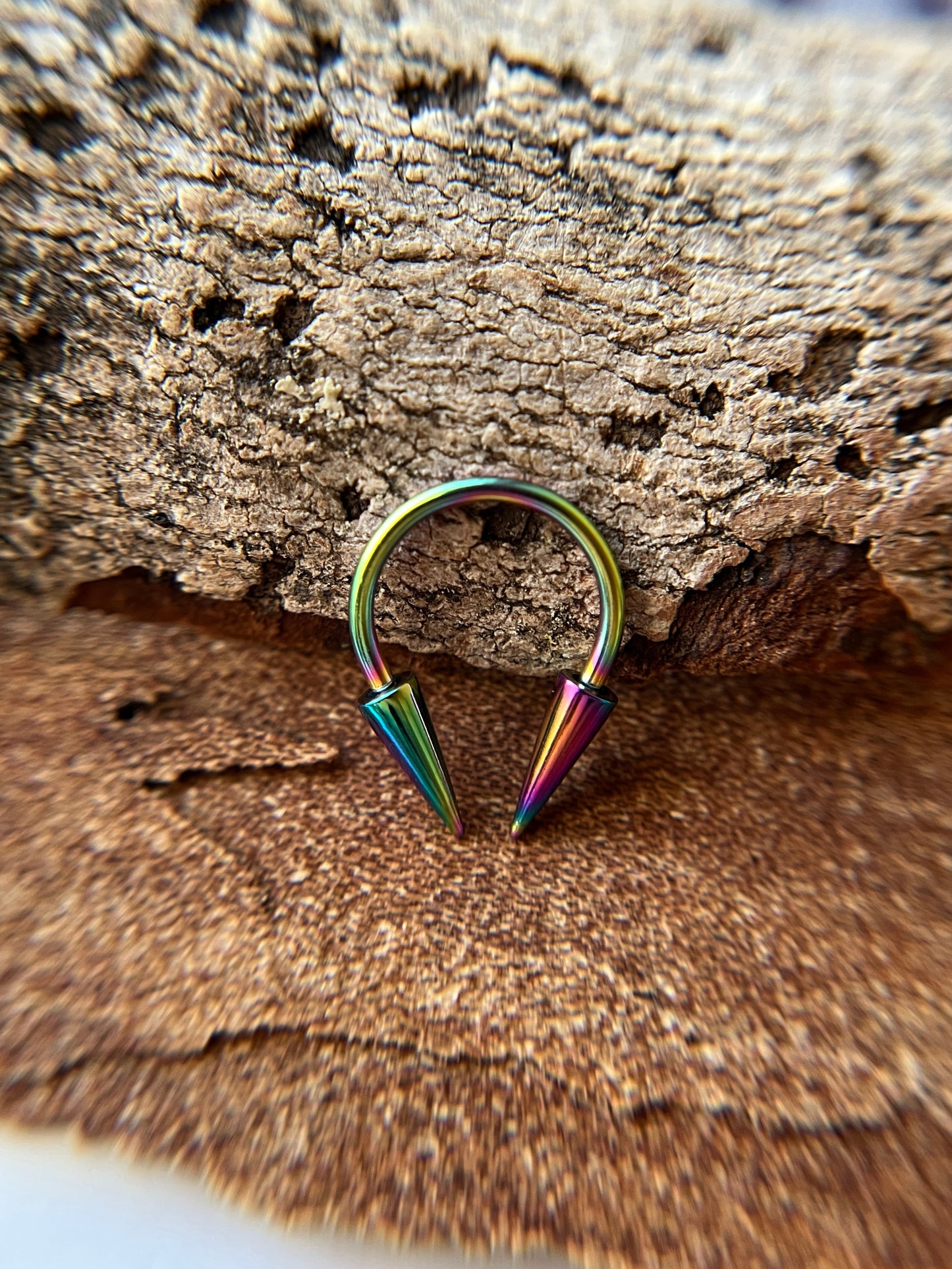 Rainbow Titanium Ion Plated Slender Long Spikes 16G Horseshoe Ring