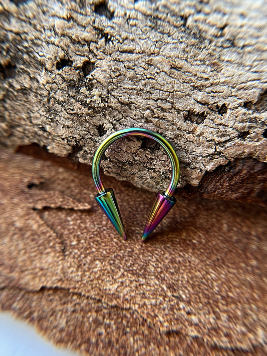Rainbow Titanium Ion Plated Slender Long Spikes 16G Horseshoe Ring