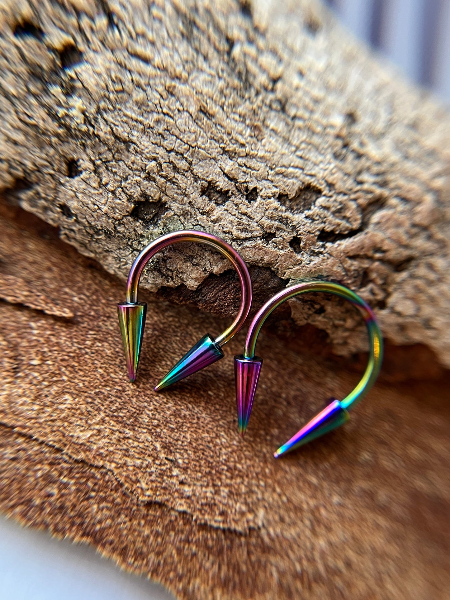 Rainbow Titanium Ion Plated Slender Long Spikes 16G Horseshoe Ring