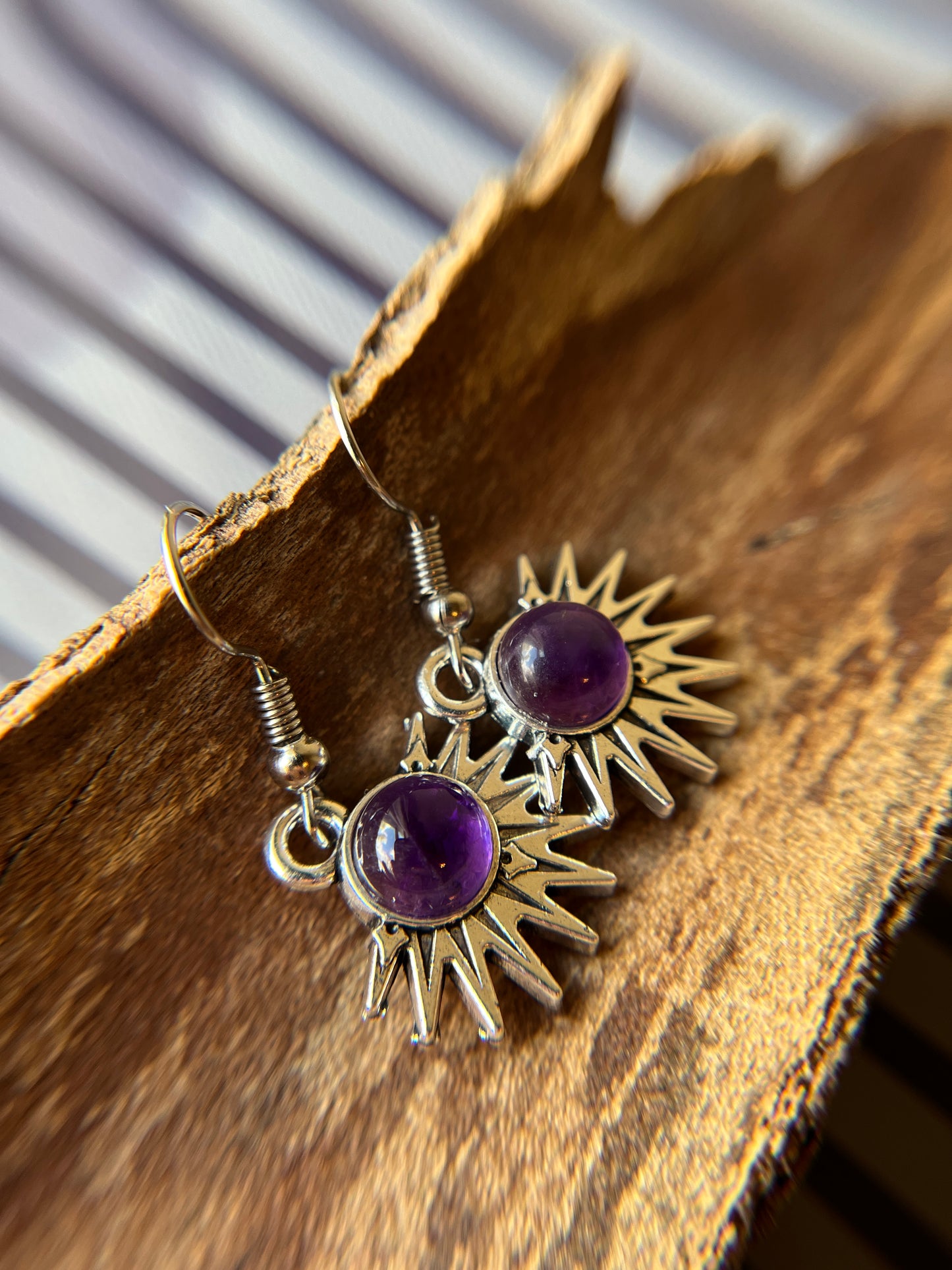 Amethyst Natural Stone Aztec Sun Earrings