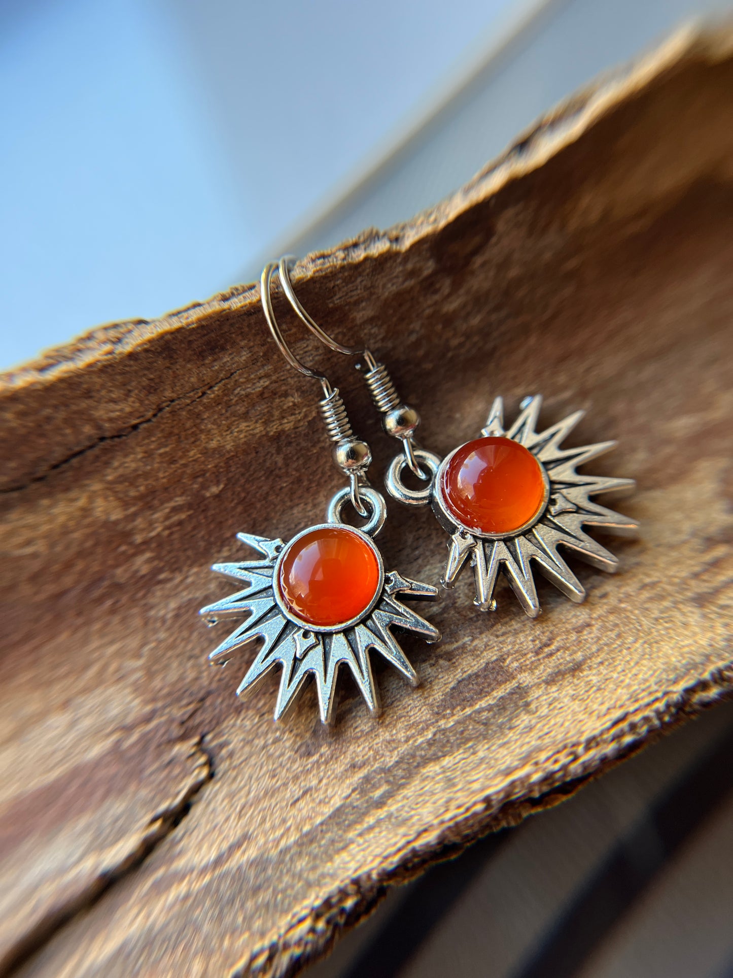Carnelian Natural Stone Aztec Sun Earrings