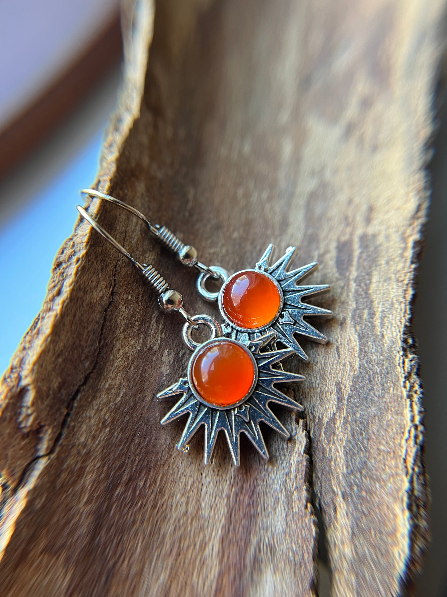 Carnelian Natural Stone Aztec Sun Earrings