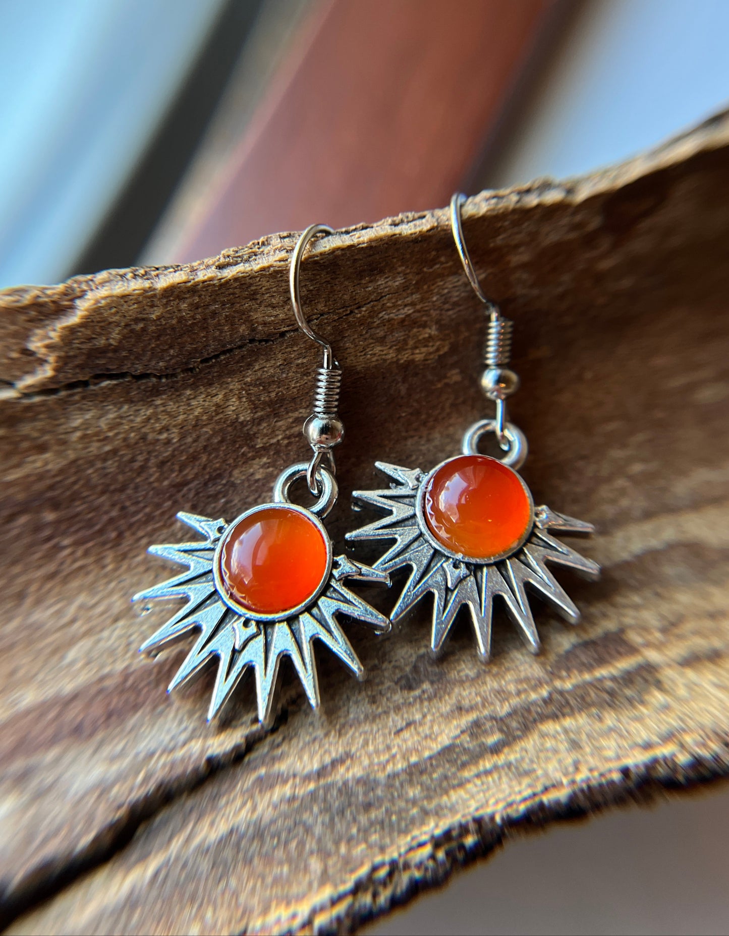Carnelian Natural Stone Aztec Sun Earrings