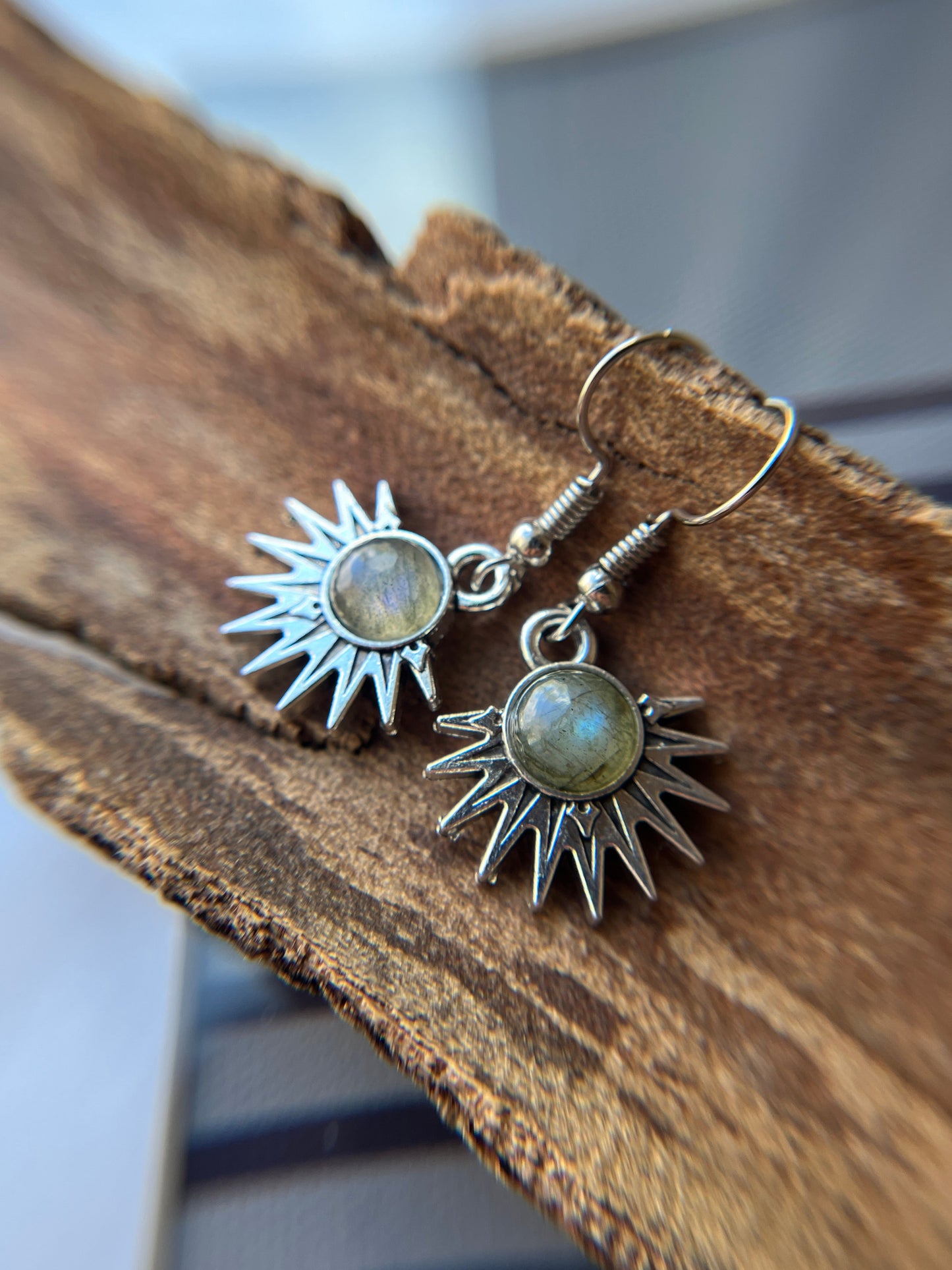Labradorite Natural Stone Aztec Sun Earrings