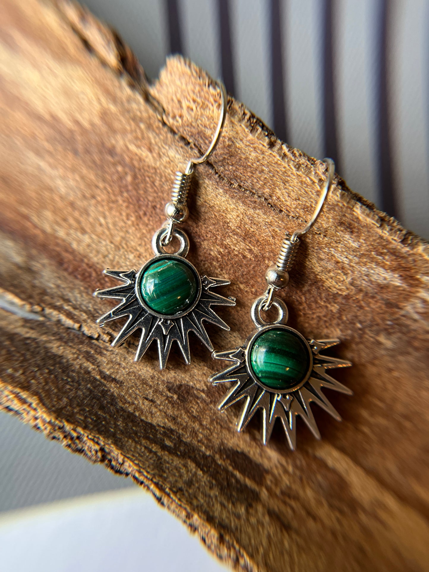 Malachite Natural Stone Aztec Sun Earrings