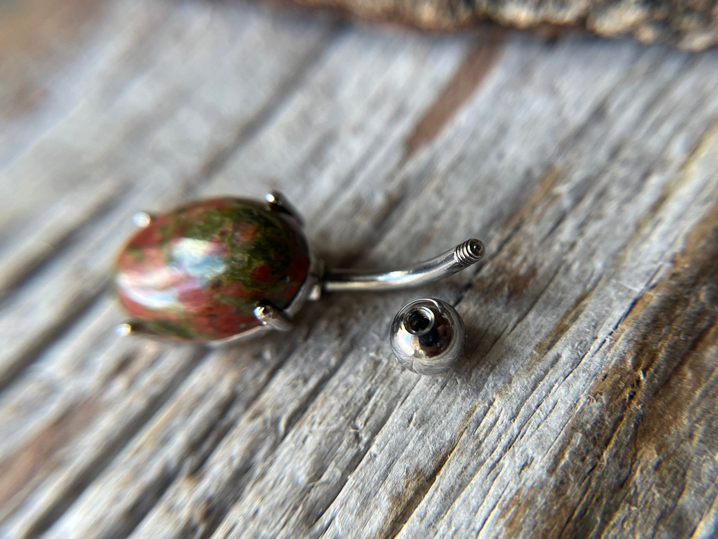 Unakite Natural Stone Pronged Oval Belly Ring 316L Surgical Steel