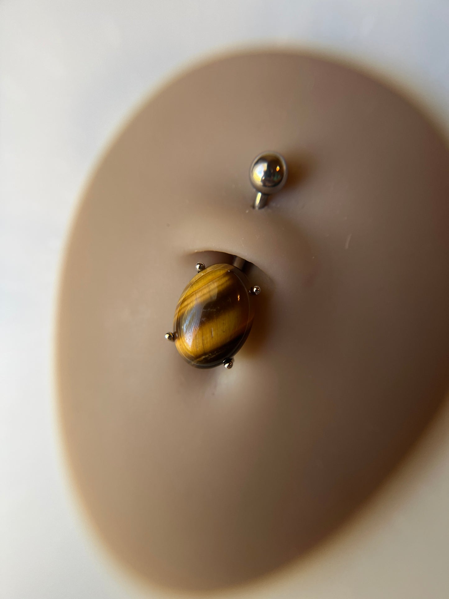 Yellow Tiger's Eye Natural Stone Pronged Oval Belly Ring 316L Surgical Steel