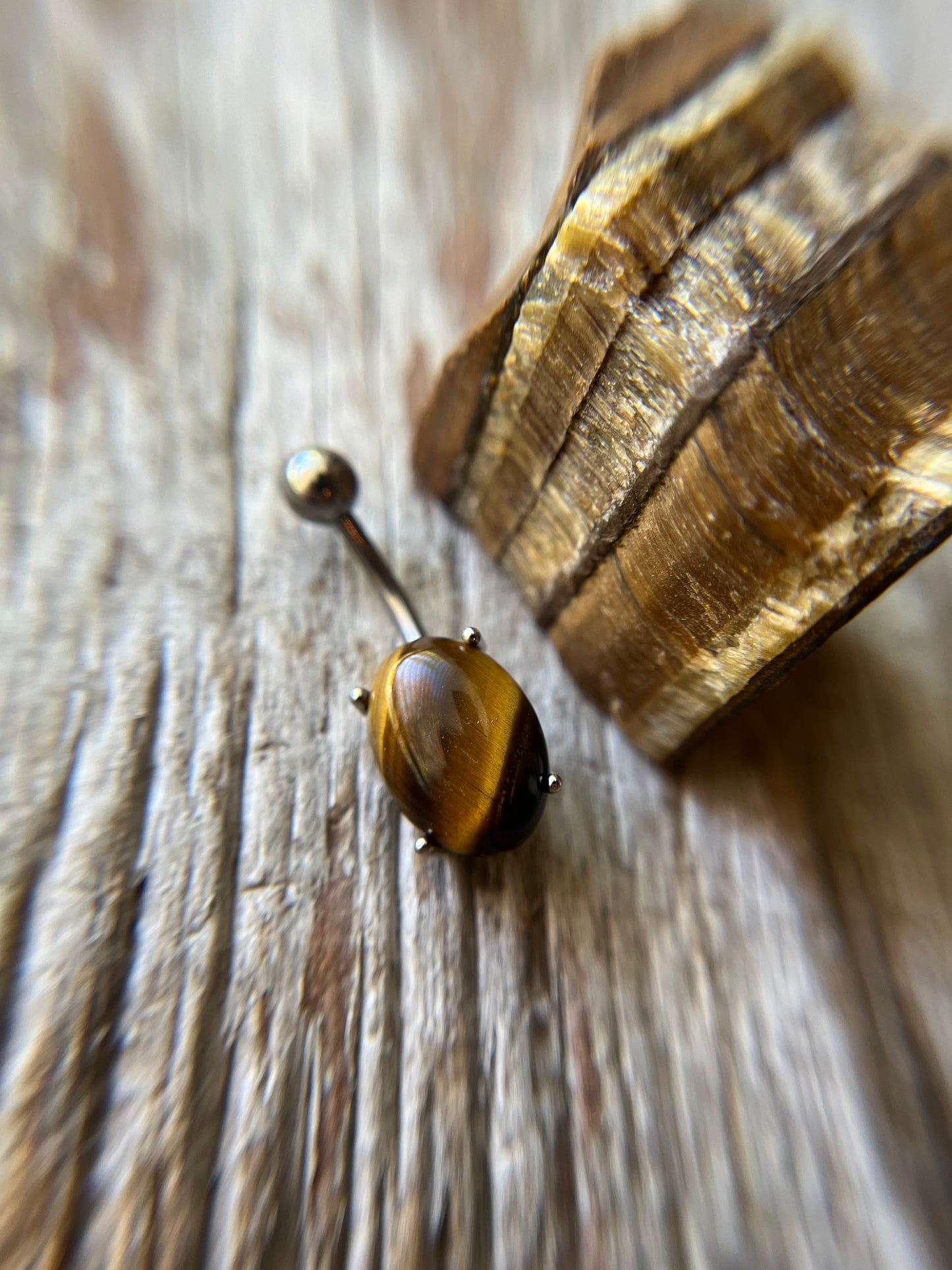 Yellow Tiger's Eye Natural Stone Pronged Oval Belly Ring 316L Surgical Steel