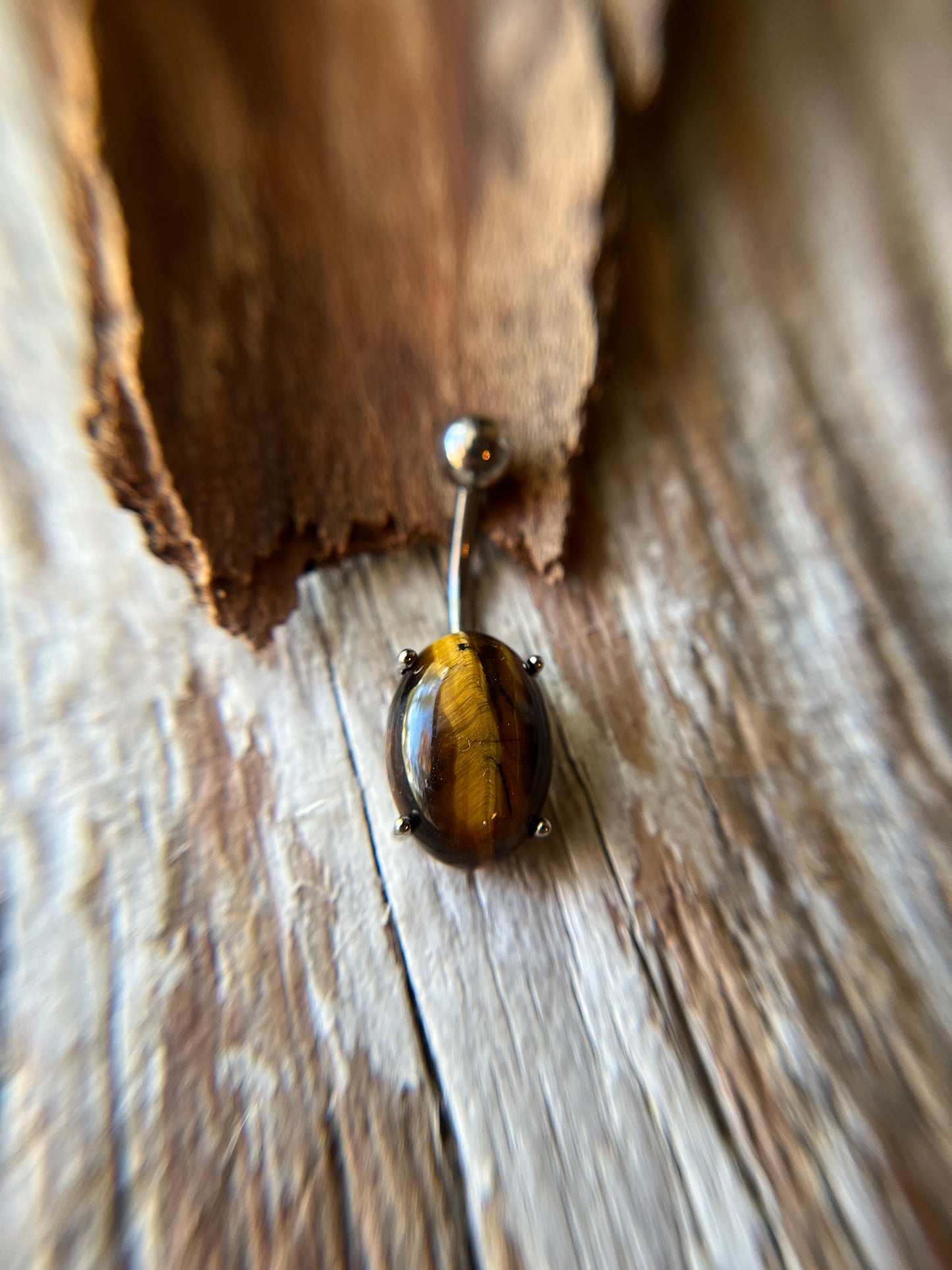 Yellow Tiger's Eye Natural Stone Pronged Oval Belly Ring 316L Surgical Steel