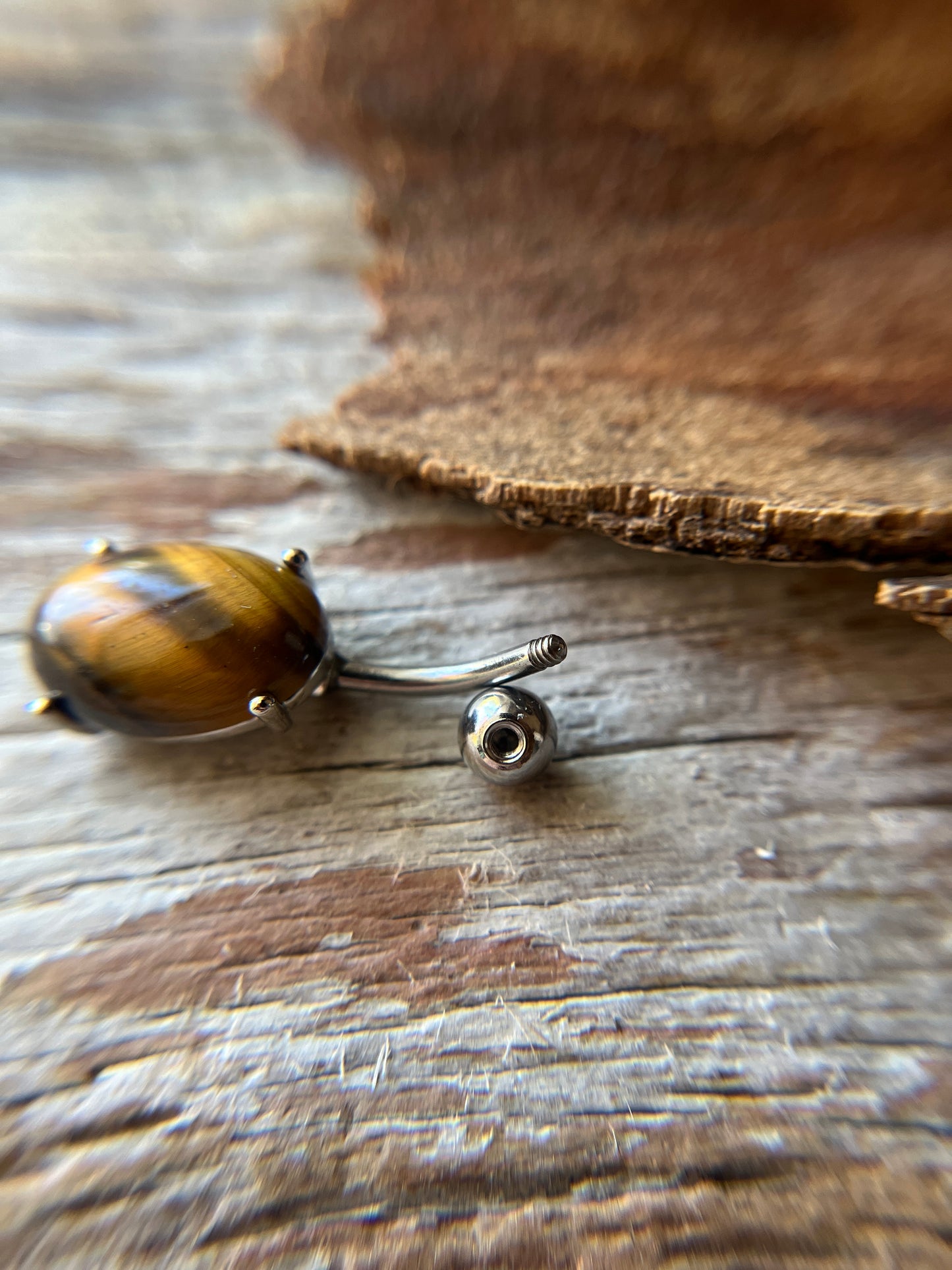 Yellow Tiger's Eye Natural Stone Pronged Oval Belly Ring 316L Surgical Steel