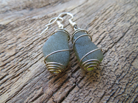 Authentic Caribbean Sea Glass Wire Wrapped Earrings (Olive)
