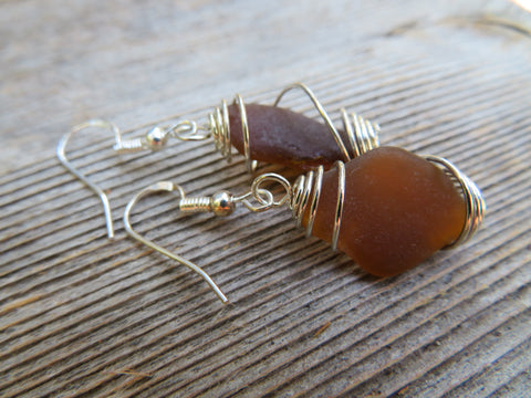Authentic Caribbean Sea Glass Wire Wrapped Earrings (Brown)