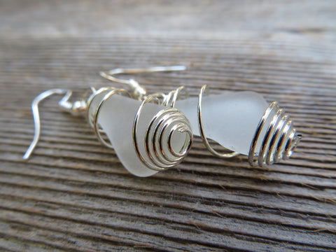Authentic Caribbean Sea Glass Wire Wrapped Earrings (White)