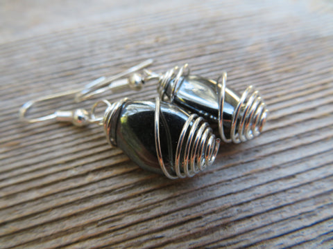 Basket Cage Wire Wrapped Natural Stone Earrings (Hematite)