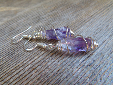 Basket Cage Wire Wrapped Natural Stone Earrings (Amethyst)