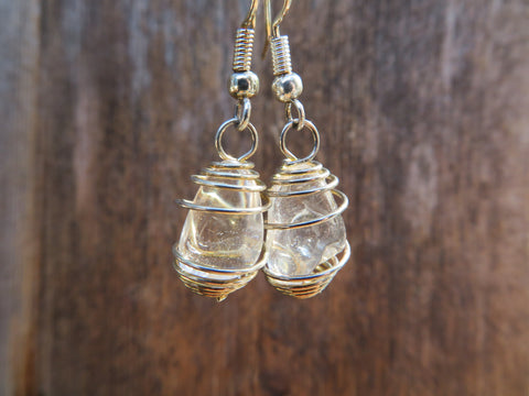 Basket Cage Wire Wrapped Natural Stone Earrings (Clear Quartz)