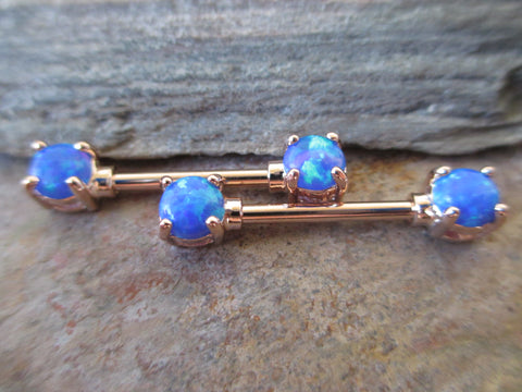 Pronged Blue Fire Opal Nipple Rings (Rose Gold)