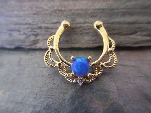 Opal Goddess Gold Tone Faux Septum Ring (Blue)