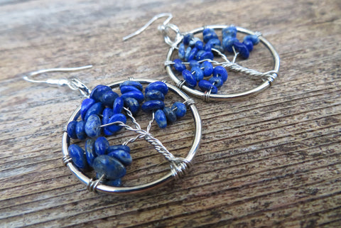 Tree of Life Stone Chip Silver Earrings (Lapis Lazuli)