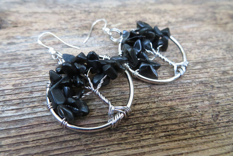 Tree of Life Stone Chip Silver Earrings (Black Obsidian)