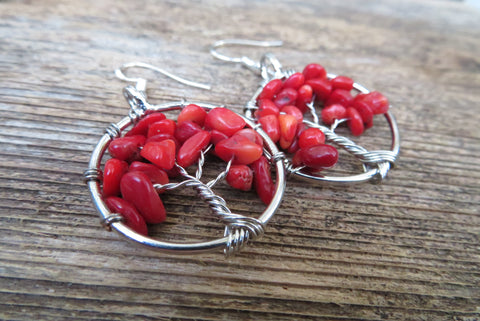 Tree of Life Stone Chip Silver Earrings (Red Coral)
