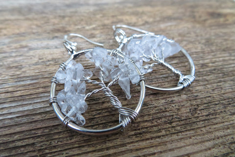 Tree of Life Stone Chip Silver Earrings (Clear Quartz)