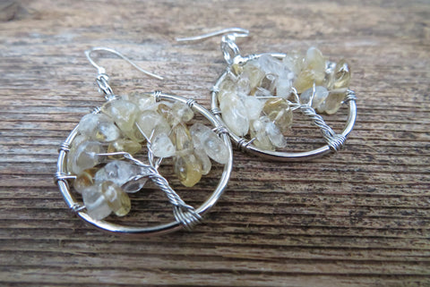 Tree of Life Stone Chip Silver Earrings (Citrine)