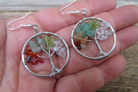 Tree of Life Stone Chip Silver Earrings (Multi)