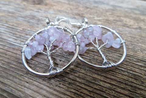 Tree of Life Stone Chip Silver Earrings (Rose Quartz)
