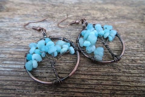 Tree of Life Stone Chip Copper Earrings (Aquamarine)