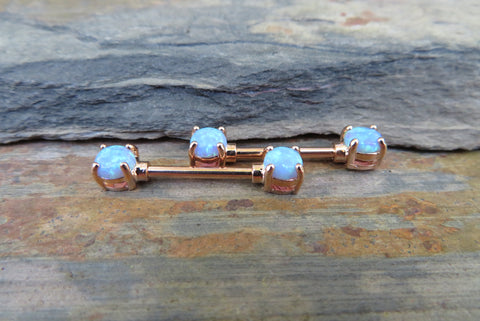 Pronged Light Blue Fire Opal Nipple Rings (Rose Gold)