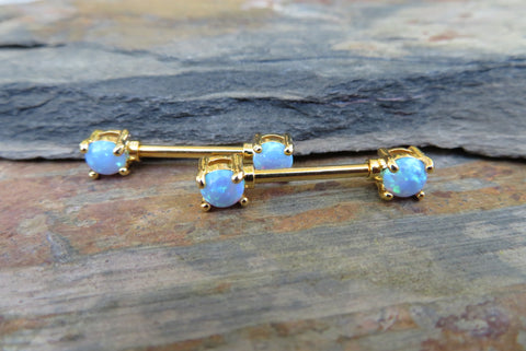 Pronged Light Blue Fire Opal Nipple Rings (Gold)