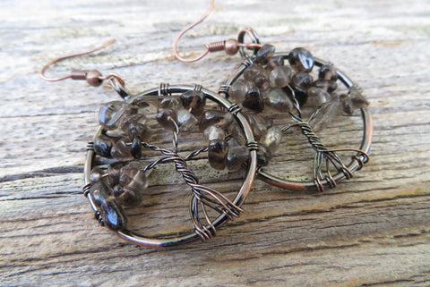 Tree of Life Stone Chip Copper Earrings (Smokey Quartz)