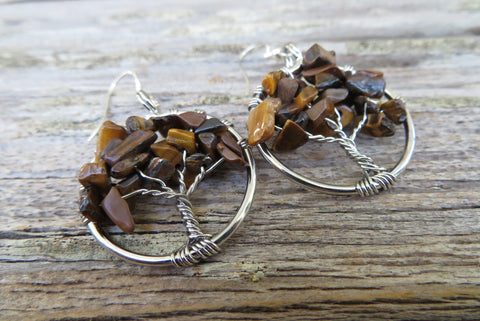 Tree of Life Stone Chip Silver Earrings (Tiger Eye)