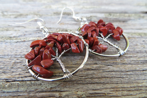 Tree of Life Stone Chip Silver Earrings (Red Jasper)