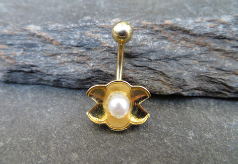 Gold Clam Shell Pearl Belly Ring