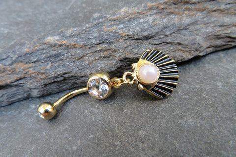Gold Clam Shell Pearl Dangle Belly Ring