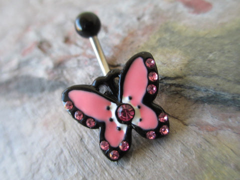 Pink & Black Enamel Butterfly Belly Ring