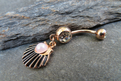 Rose Gold Clam Shell Pearl Dangle Belly Ring