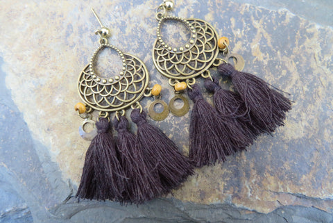 Black Bohemian Tribal Shield Tassel Earrings