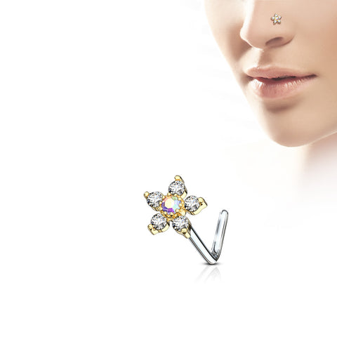 Gold Clear Flower Gem L Bend Nose Piercing