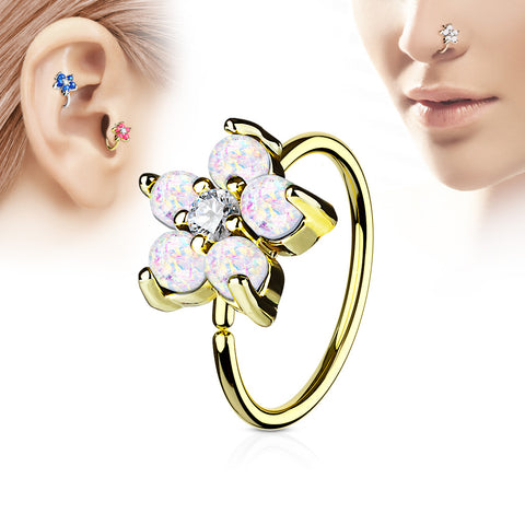 Flower Glitter Opal Hoop Piercing (Gold)