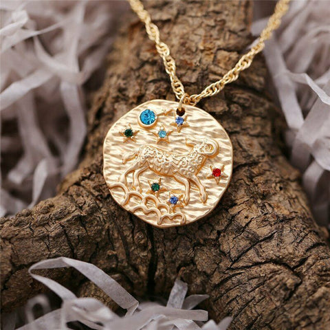 Aries Gold Zodiac Sign Crystal Necklace