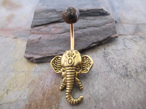 Leopard Skin Jasper Natural Stone Ganesha Elephant 14G (1.6mm) Belly Navel Ring Piercing Rose Gold Steel Barbell
